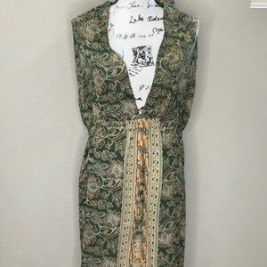 406 - RAGA NWOT Green and Brown Sheath Maxi Dress w/ Plunge Neckline, Size Large